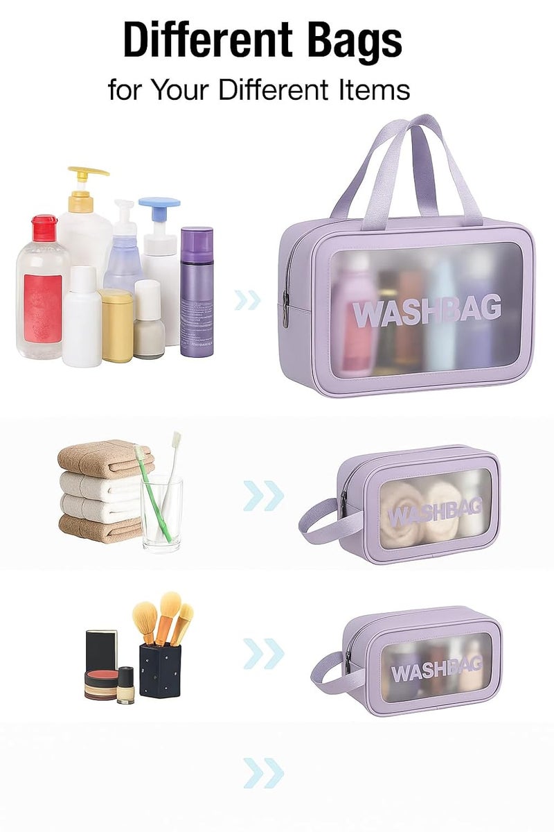 Gritty Wash Bag Pouch for Travel Kit Toiletry Bag Cosmetic Bag Make Up Box for Brushes, Accessories with Handle, Large Capacity Translucent Waterproof Travel Storage Organizer Set of 3(Purple) - Image 4