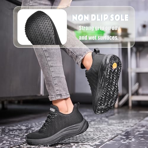 SHULOOK Women's Non Slip Work Shoes Slip Resistant Nurse Sneakers with Arch Fit Support Comfortable Mesh Walking Shoes for Food Service Chef Kitchen Restaurant Black 7.5 - Image 5