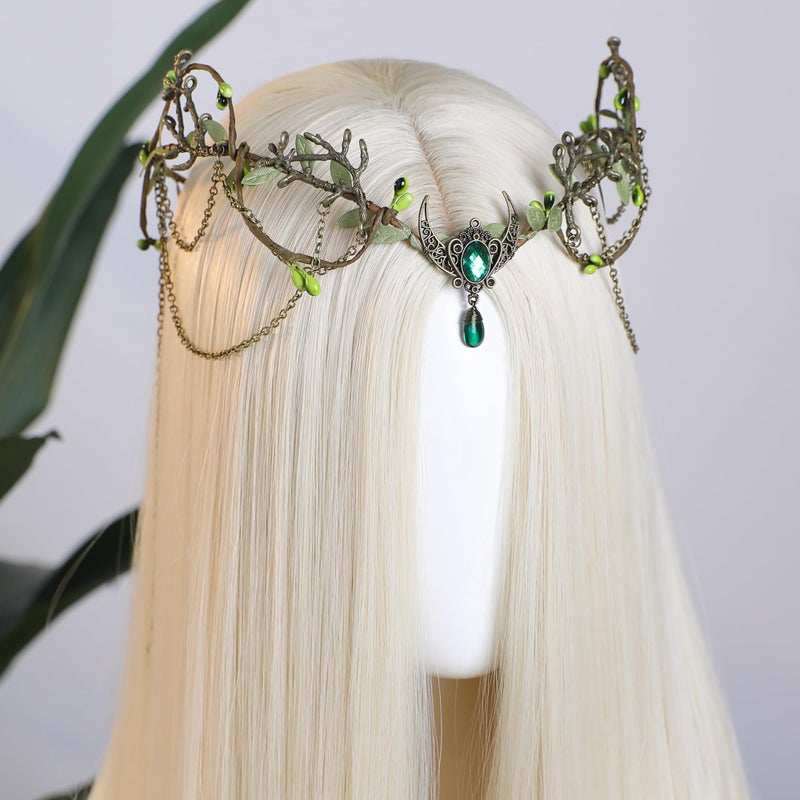 MOSTORY Bronze Woodland Elf Crown - Green Elf Headpiece with Tassel for Medieval Renaissance Accessoires Women, Forest Fairy Circlet for Renfaire Fairycore Cosplay Viking Outfit - Image 3