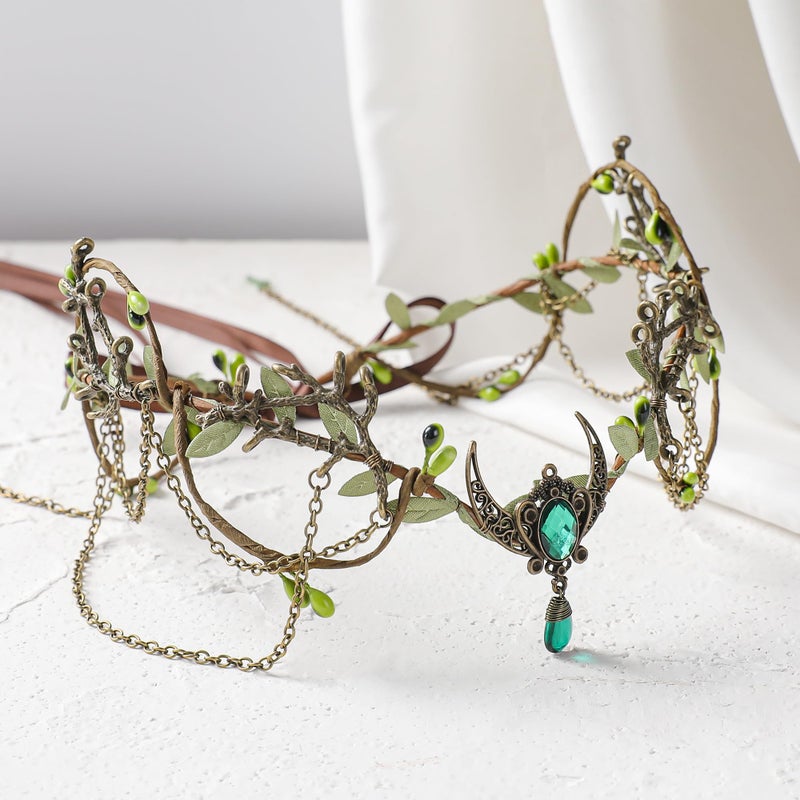 MOSTORY Bronze Woodland Elf Crown - Green Elf Headpiece with Tassel for Medieval Renaissance Accessoires Women, Forest Fairy Circlet for Renfaire Fairycore Cosplay Viking Outfit - Image 4