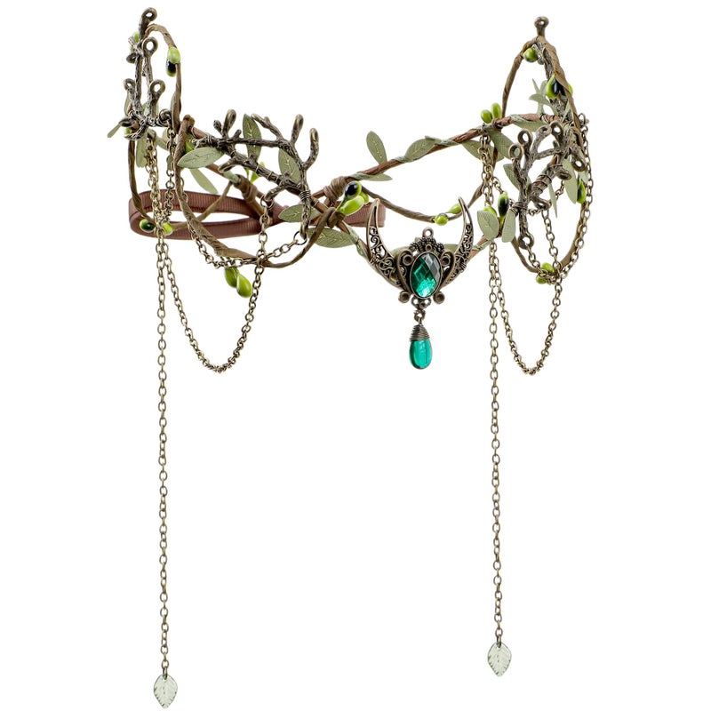 MOSTORY Bronze Woodland Elf Crown - Green Elf Headpiece with Tassel for Medieval Renaissance Accessoires Women, Forest Fairy Circlet for Renfaire Fairycore Cosplay Viking Outfit - Image 1