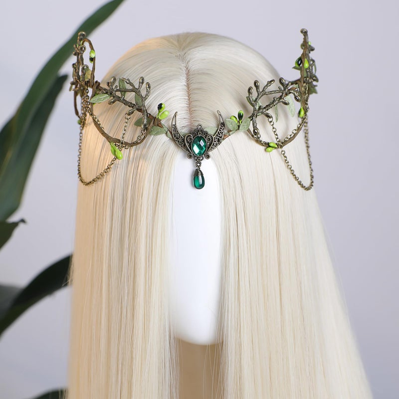 MOSTORY Bronze Woodland Elf Crown - Green Elf Headpiece with Tassel for Medieval Renaissance Accessoires Women, Forest Fairy Circlet for Renfaire Fairycore Cosplay Viking Outfit - Image 2