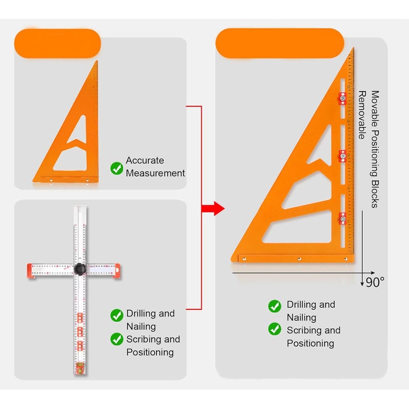 Mechanical Angle Woodworking Square Ruler 220x380mm with 2 Sliders for Measuring Drilling - Image 4