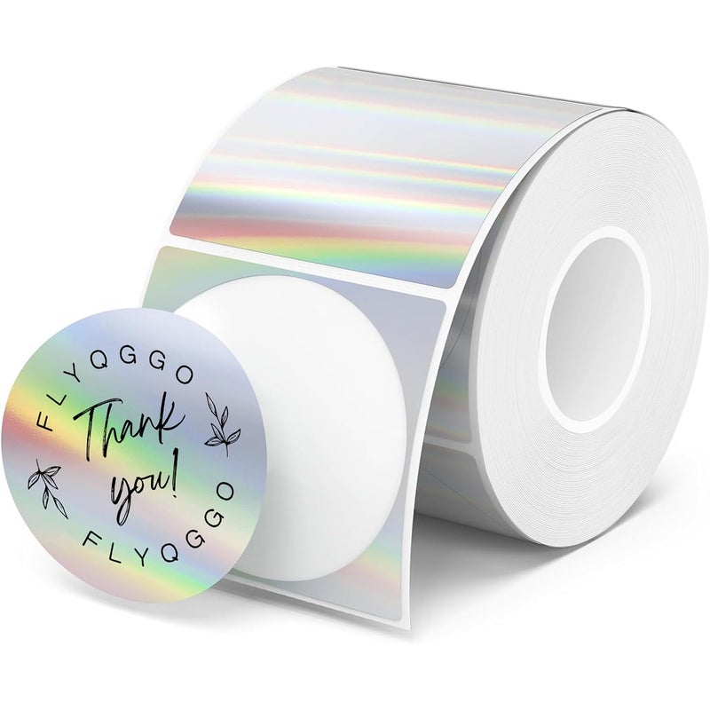 FLYQGGO 2 inch Round Holographic Thermal Sticker Labels, Waterproof & Rainbow Wave & Glitter Design, for Price/Name Tag, Barcode, DIY Custom Logo Design, Sliver(200Pcs/Roll) - Image 1