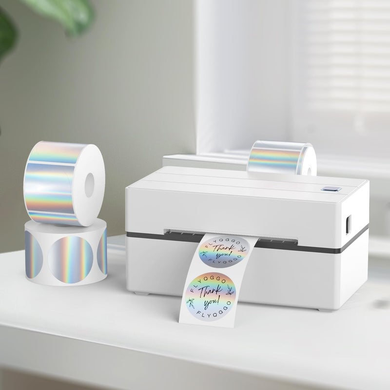 FLYQGGO 2 inch Round Holographic Thermal Sticker Labels, Waterproof & Rainbow Wave & Glitter Design, for Price/Name Tag, Barcode, DIY Custom Logo Design, Sliver(200Pcs/Roll) - Image 2