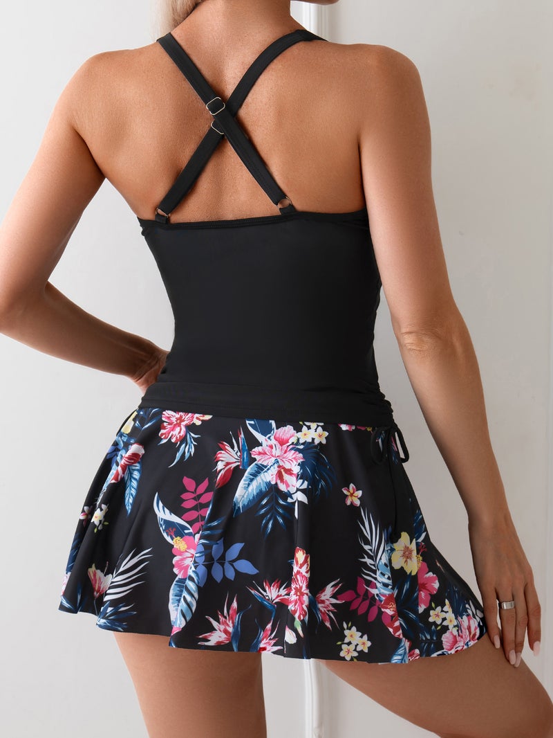 2025 Popular Split Printed Conservative Skirt-Style Two-Piece Swimsuit Belly-Covering Tankini Swimsuit - Image 3