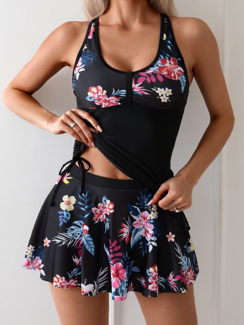 2025 Popular Split Printed Conservative Skirt-Style Two-Piece Swimsuit Belly-Covering Tankini Swimsuit - Image 2