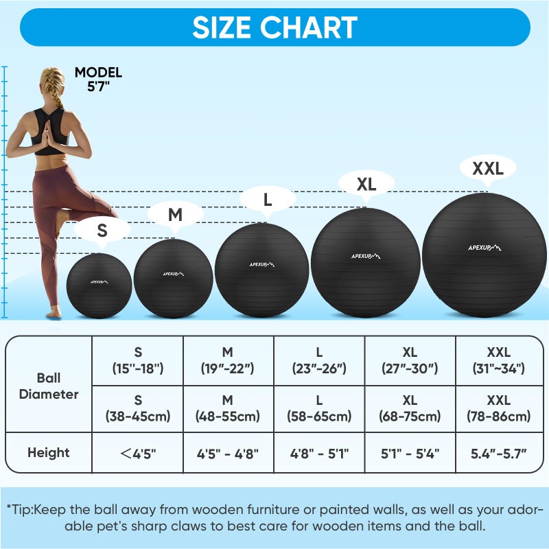 APEXUP Yoga Ball Exercise Ball, Anti Slip Stability Ball Chair, Heavy Duty Large Gym Ball for Fitness, Balance, Core Workout and Physical Therapy (L (23"~26") 65cm, Black) - Image 4