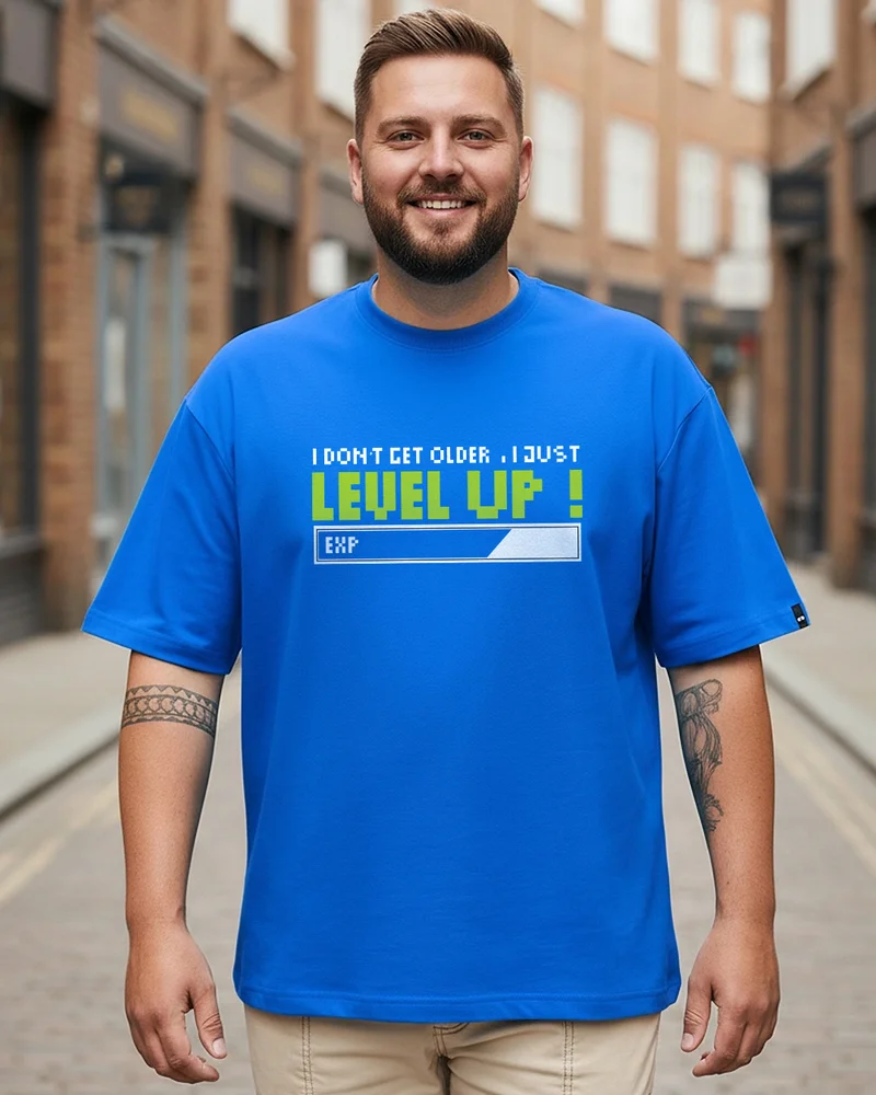بيواكوف Men's Blue Level Up Typography Oversized Plus Size T-shirt