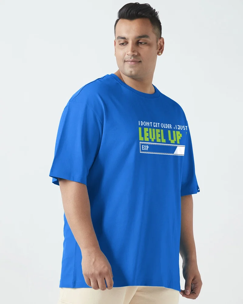 bewakoof Men's Blue Level Up Typography Oversized Plus Size T-shirt