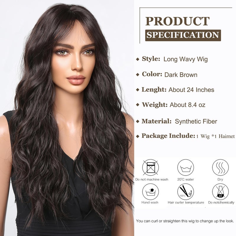 Esmee Long Wavy Dark Brown Wigs for Women Natuaral Synthetic Hair Heat Resistant Brunette Wig for Daily Party Cosplay Use 24 Inches - Image 2