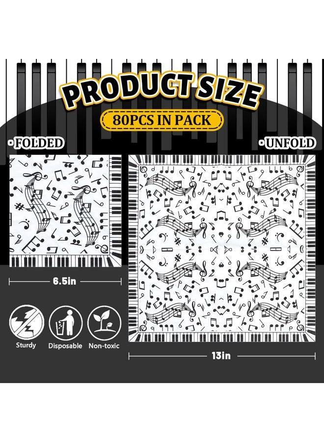 Whaline Music Notes Paper Napkins 6.5 x 6.5 Inch Musical Notation Disposable Luncheon Napkin Black White Piano Keys Prints Lunch Napkin for Music Celebration Dinner Tableware Party Supplies, 80 Pack - Image 2