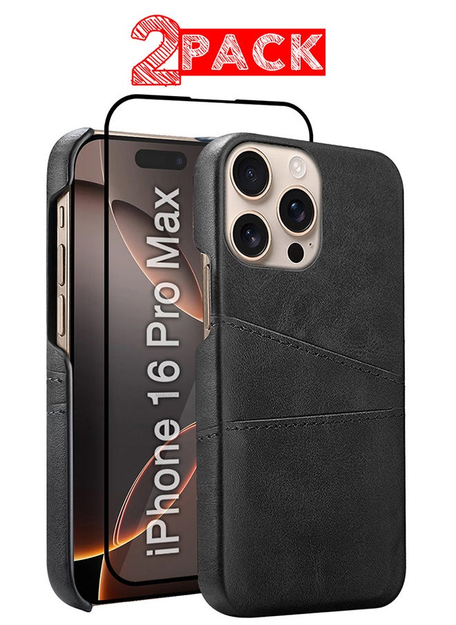 CATANES iPhone 16 Pro Max 2Packs Case Cover Leather with Card Holder for Men Women Phone Case with 3D Screen Protector  - Black  - Image 1