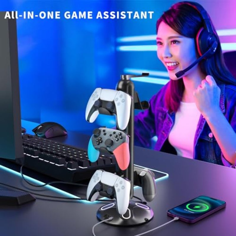 RGB Headphone Controller Stand with HUB, 9 Light Modes Gaming Headset Holder for Desk, Controller Headphone Holder with USB*2+Type-C+3.5mm - Charging and Data for Gaming Setup Gamer Accessories Black - Image 2