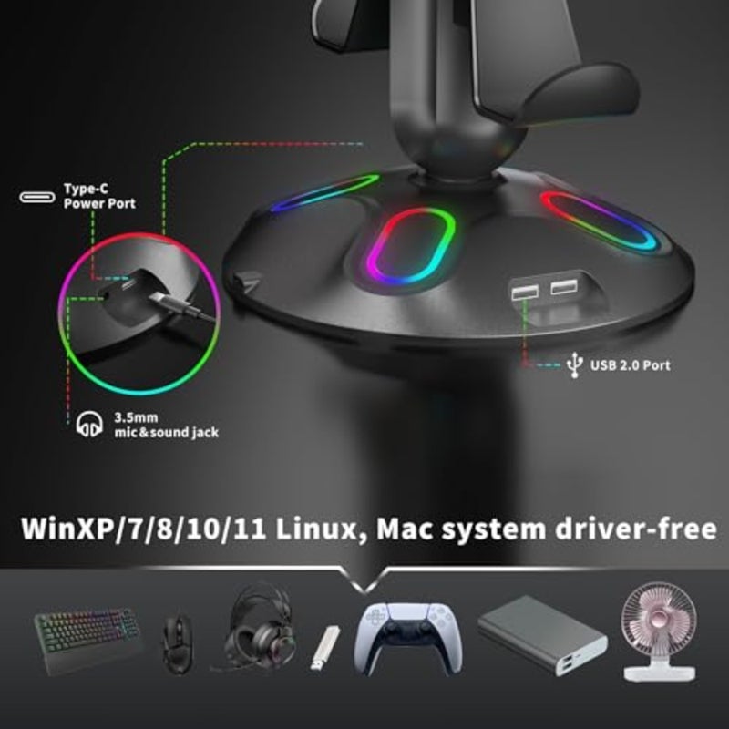 RGB Headphone Controller Stand with HUB, 9 Light Modes Gaming Headset Holder for Desk, Controller Headphone Holder with USB*2+Type-C+3.5mm - Charging and Data for Gaming Setup Gamer Accessories Black - Image 4