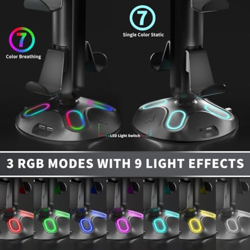 RGB Headphone Controller Stand with HUB, 9 Light Modes Gaming Headset Holder for Desk, Controller Headphone Holder with USB*2+Type-C+3.5mm - Charging and Data for Gaming Setup Gamer Accessories Black - Image 3