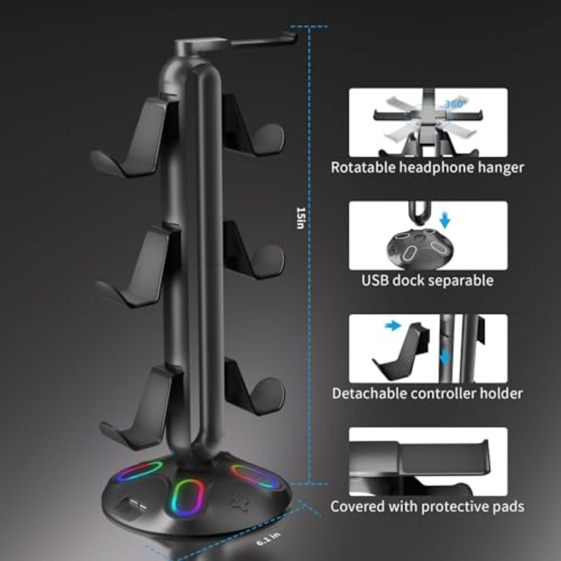 RGB Headphone Controller Stand with HUB, 9 Light Modes Gaming Headset Holder for Desk, Controller Headphone Holder with USB*2+Type-C+3.5mm - Charging and Data for Gaming Setup Gamer Accessories Black - Image 5