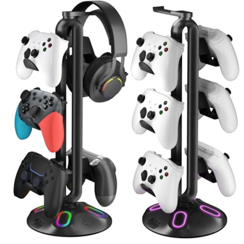 RGB Headphone Controller Stand with HUB, 9 Light Modes Gaming Headset Holder for Desk, Controller Headphone Holder with USB*2+Type-C+3.5mm - Charging and Data for Gaming Setup Gamer Accessories Black - Image 1