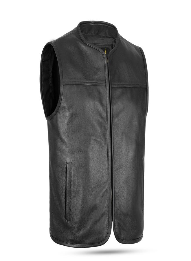 Leatherick Men's Genuine Cowhide Leather Motorcycle Vest - Classic Biker Vest with Front Zip for Comfort and Timeless Style, black, XXL - Image 1