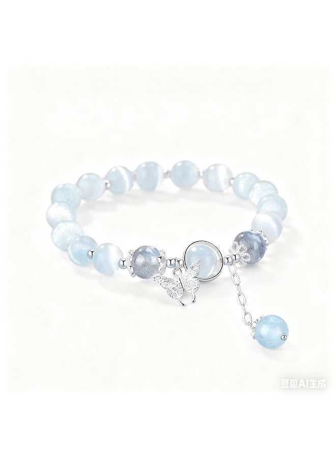 تشوميل سوار مرن من كريستال الياقوت الأزرق مع قلادة فراشة فضية ولمسات متدلية - أناقة هادئة لراحة يومية - Image 1