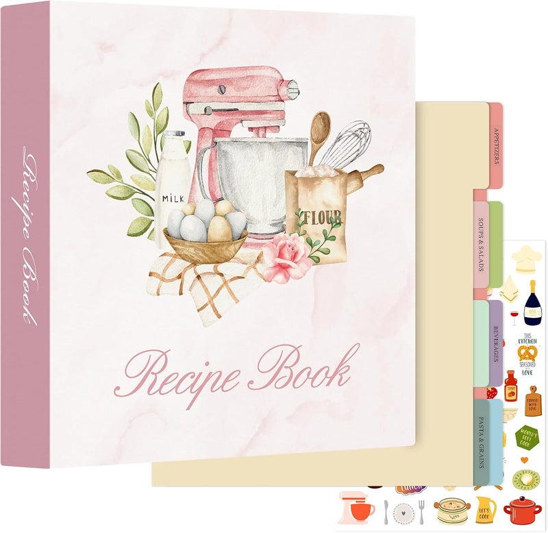 Lanpn Recipe Binder 8.5x11 3 Ring Kit, Waterproof Recipe Book Blank Organizer Recipe Binder to Write in Your Own Recipes with 60 Plastic Sleeves,116 Recipes, Dividers,Labels & Stickers, Pink - Image 1