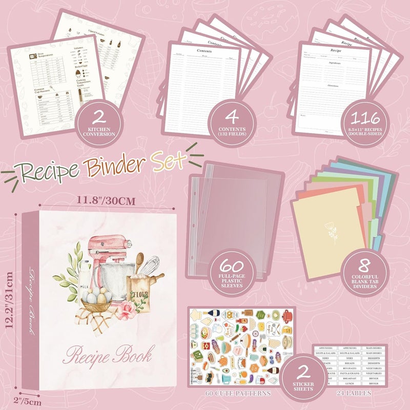 Lanpn Recipe Binder 8.5x11 3 Ring Kit, Waterproof Recipe Book Blank Organizer Recipe Binder to Write in Your Own Recipes with 60 Plastic Sleeves,116 Recipes, Dividers,Labels & Stickers, Pink - Image 3