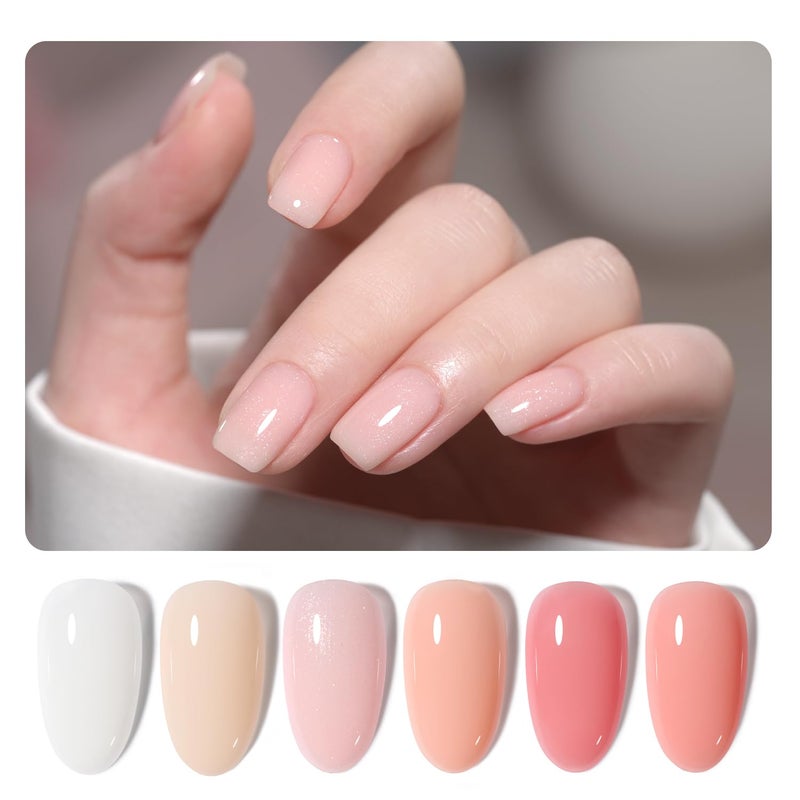 GAOY 6 Colors Rubber Base Gel Set, Jelly Builder Base Nail Gel Sheer Nude White Pink, 2-in-1 Soak Off Nail Strengthener, Petal Whisper - Image 1