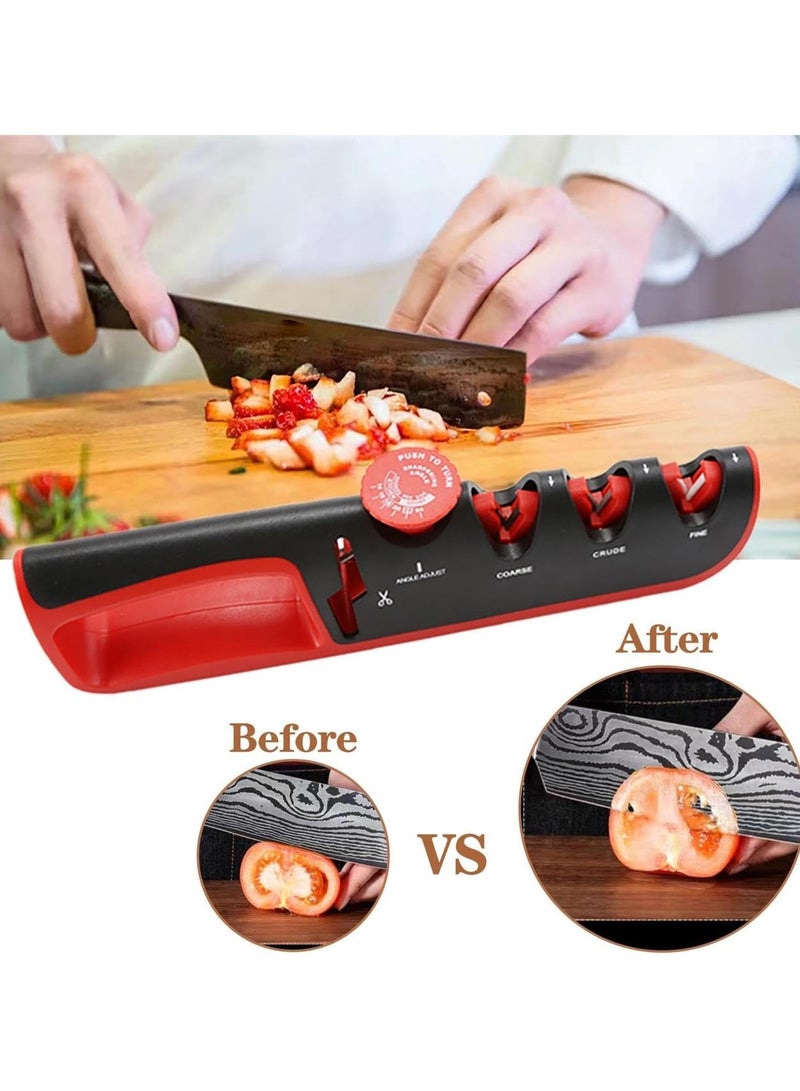 Manual Adjustable 4 in 1 Kitchen Knife Sharpener with Cut Resistant Gloves, 3-Level Knife and Scissors Sharpening Tool, Helps, Repairs, Grinds and Polishes Blades (Red and Black) - Image 4