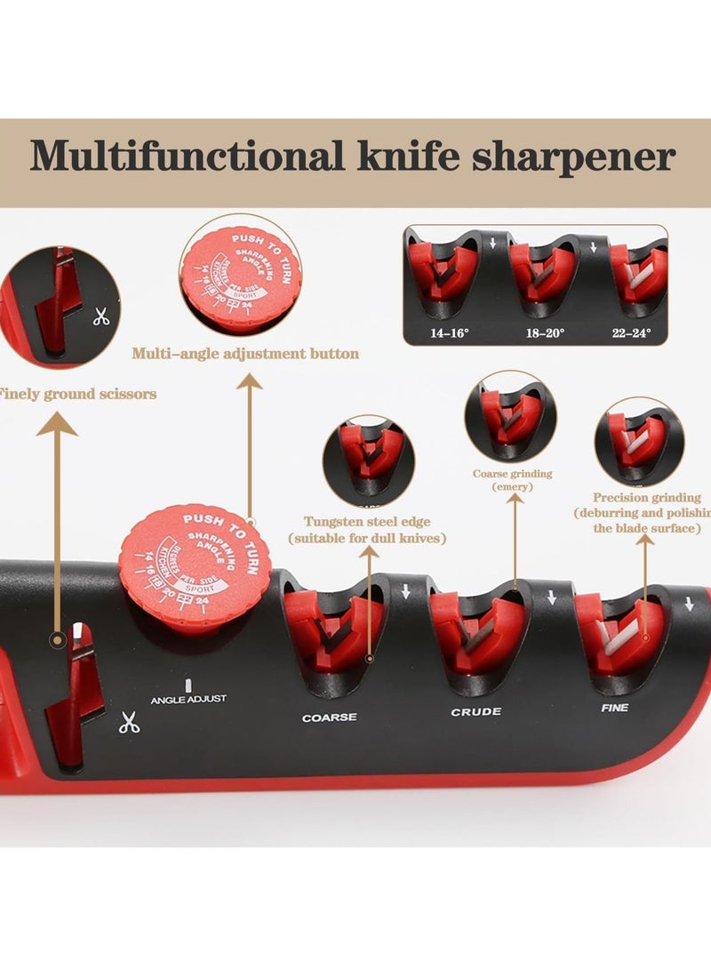 Manual Adjustable 4 in 1 Kitchen Knife Sharpener with Cut Resistant Gloves, 3-Level Knife and Scissors Sharpening Tool, Helps, Repairs, Grinds and Polishes Blades (Red and Black) - Image 2