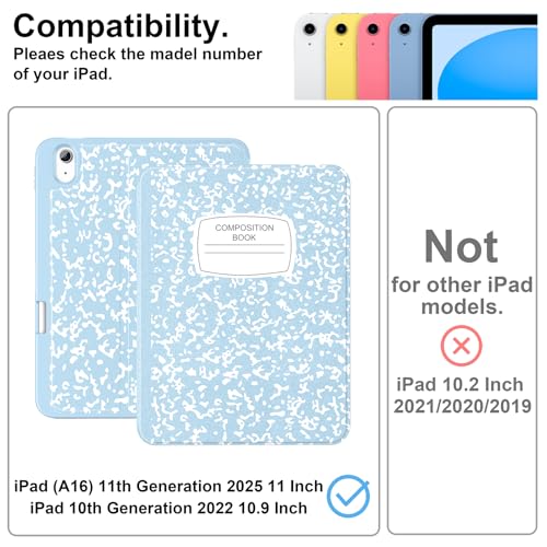 Supveco Case for iPad (A16) 11th Generation 11 inch (2025),iPad 10th Generation 10.9 inch (2022) with Pencil Holder-[Auto Wake/Sleep],Premium Folio Stand Case with Soft TPU Back Cover-Ice Blue - Image 2