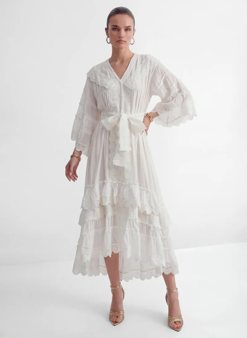 Sunfere Own Your Power White V-Neck Ruffled Sleeve Maxi Dress