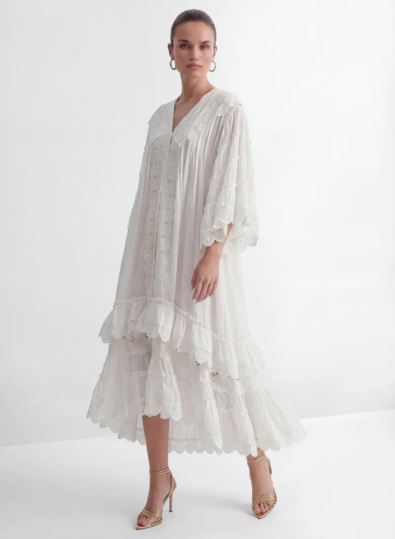 Sunfere Own Your Power White V-Neck Ruffled Sleeve Maxi Dress