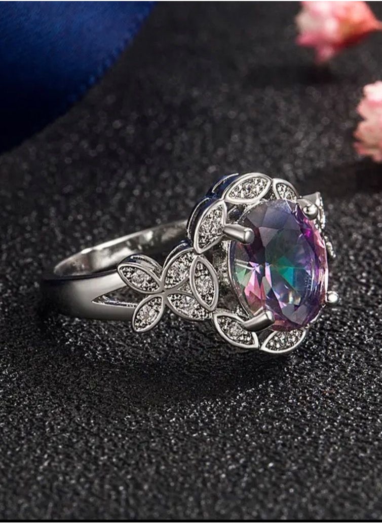 NOON'S UP - 18k White Gold Plated Ring Inlaid With Topaz Gemstone Size 7 - Image 1
