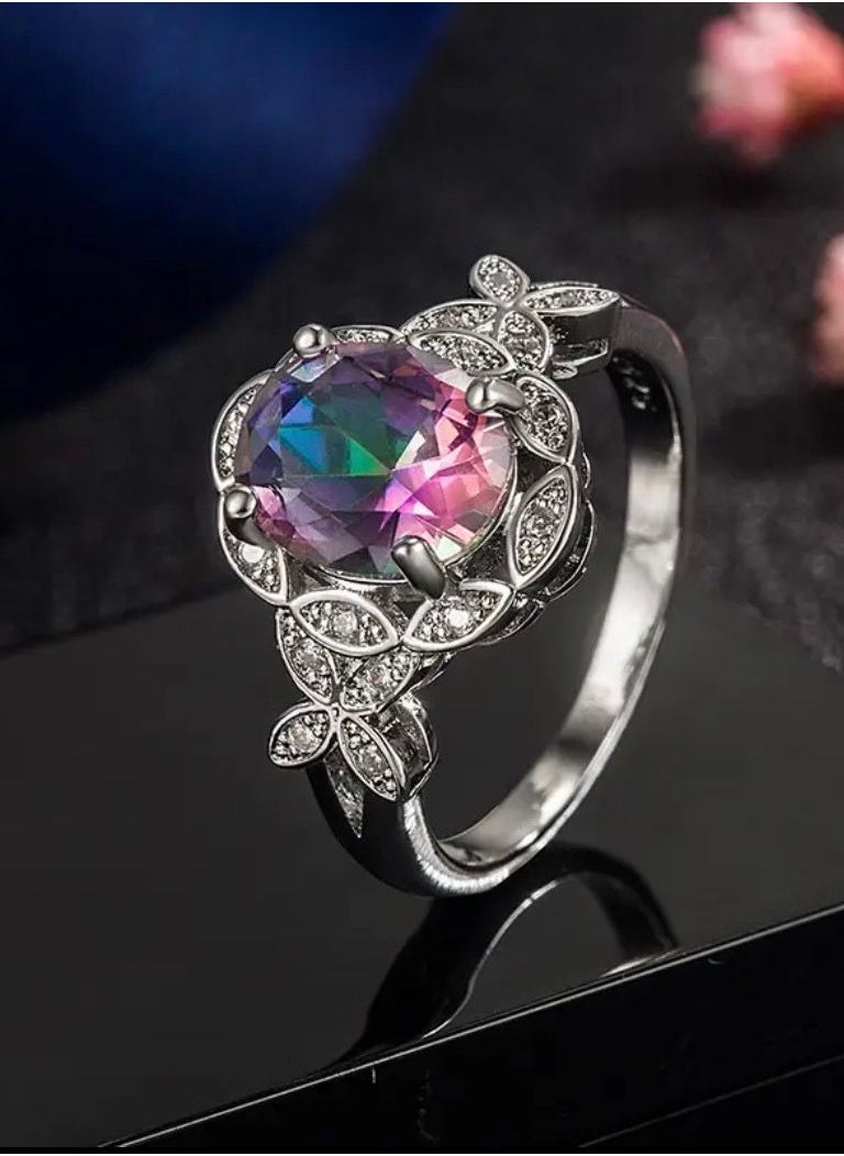 NOON'S UP - 18k White Gold Plated Ring Inlaid With Topaz Gemstone Size 7 - Image 1