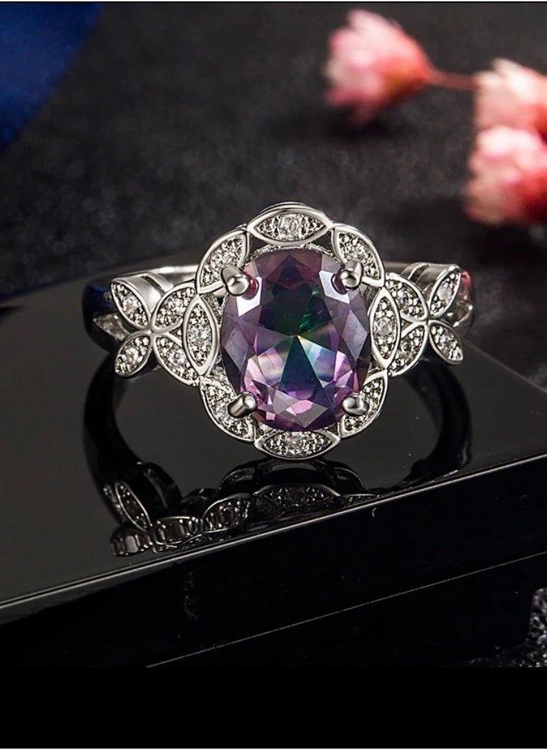 NOON'S UP - 18k White Gold Plated Ring Inlaid With Topaz Gemstone Size 7 - Image 1