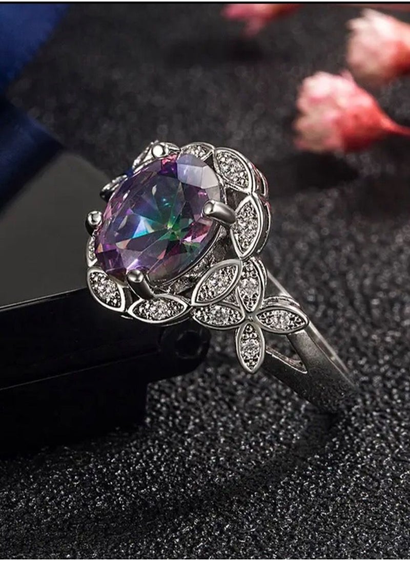 NOON'S UP - 18k White Gold Plated Ring Inlaid With Topaz Gemstone Size 7 - Image 1
