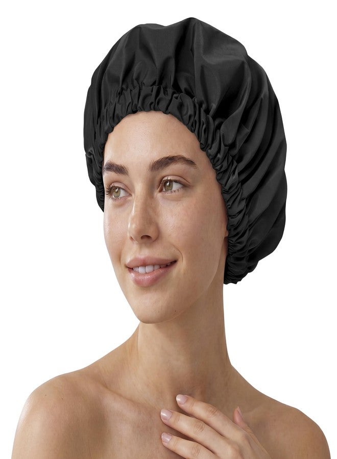 Edoneery Reusable Shower Cap for Women, Large Waterproof Shower Bonnet with Elastic Band, Washable Bath Hair Cap for Long, Curly Hair, Braids, Daily Shower, Home Spa, Travel(Black - Image 1