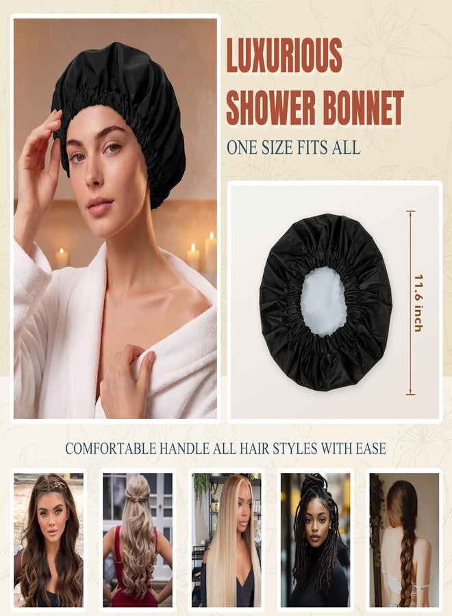 Edoneery Reusable Shower Cap for Women, Large Waterproof Shower Bonnet with Elastic Band, Washable Bath Hair Cap for Long, Curly Hair, Braids, Daily Shower, Home Spa, Travel(Black - Image 5