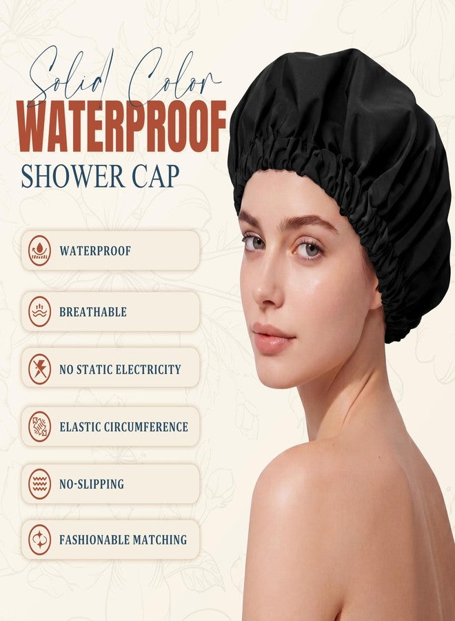 Edoneery Reusable Shower Cap for Women, Large Waterproof Shower Bonnet with Elastic Band, Washable Bath Hair Cap for Long, Curly Hair, Braids, Daily Shower, Home Spa, Travel(Black - Image 3