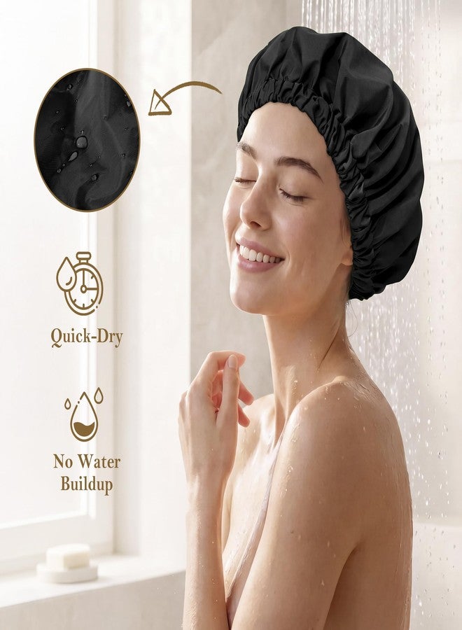 Edoneery Reusable Shower Cap for Women, Large Waterproof Shower Bonnet with Elastic Band, Washable Bath Hair Cap for Long, Curly Hair, Braids, Daily Shower, Home Spa, Travel(Black - Image 2