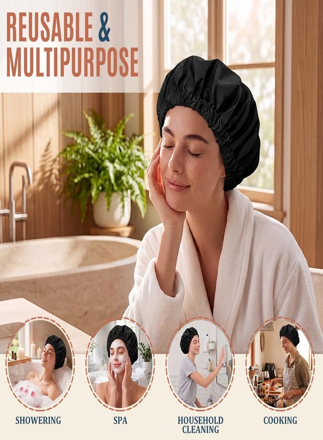 Edoneery Reusable Shower Cap for Women, Large Waterproof Shower Bonnet with Elastic Band, Washable Bath Hair Cap for Long, Curly Hair, Braids, Daily Shower, Home Spa, Travel(Black - Image 4