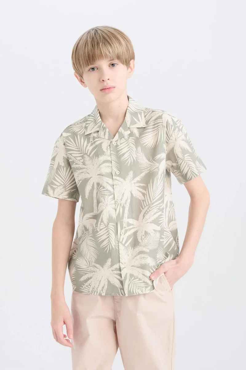 ديفاكتو Boy Oversize Polo Neck Palm Patterned Shirt
