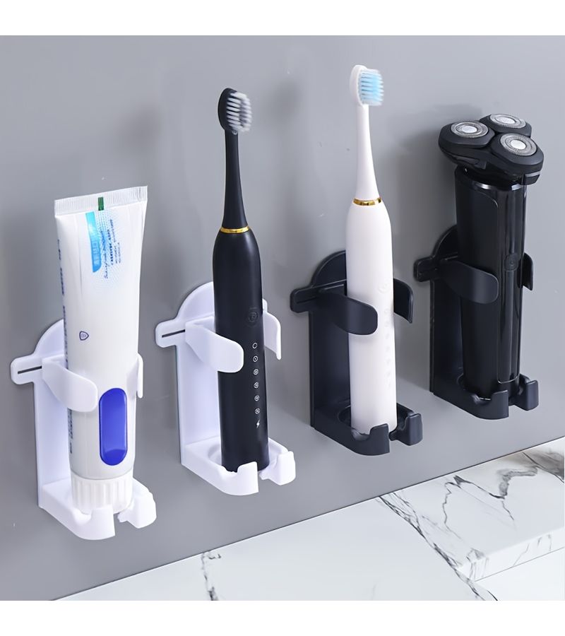 A Set Of Three Black Wall Mounted No Mark Electric Toothbrush Holders With Spiral Texture Non Slip Design Adjustable Width For Drainage Ideal For Bathroom Organization - Image 1