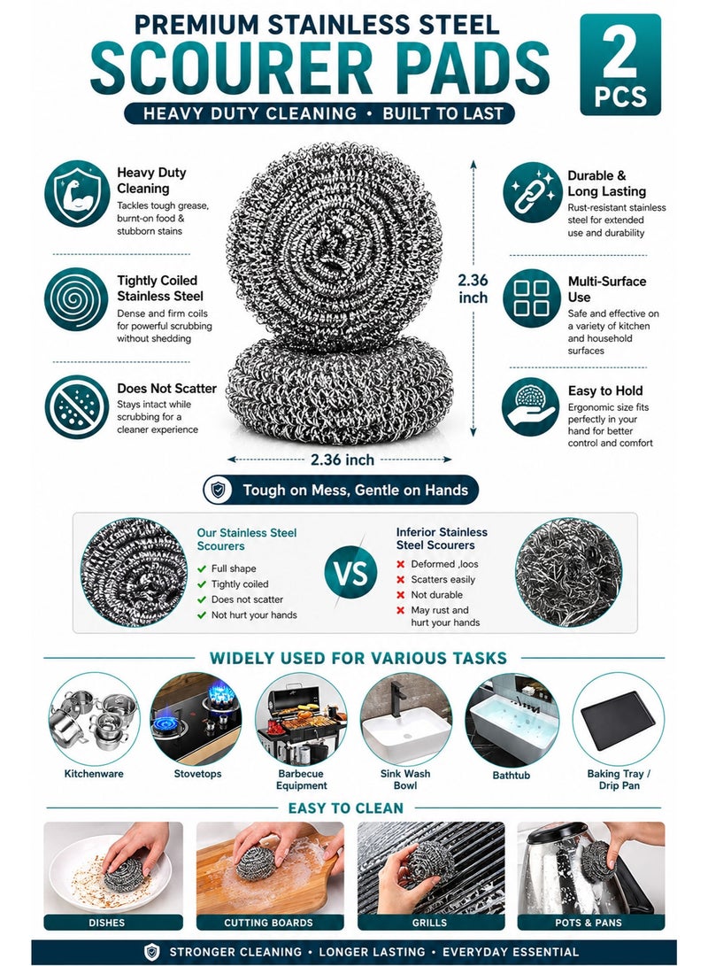 2 PCS Stainless Steel Scrubber Sponges, Heavy Duty Metal Mesh Scouring Pads for Pots, Pans, Dishes, Ovens & Kitchen Cleaning, Rust-Resistant Steel Wool Scrubbers - Image 3