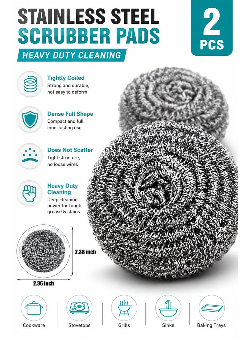 2 PCS Stainless Steel Scrubber Sponges, Heavy Duty Metal Mesh Scouring Pads for Pots, Pans, Dishes, Ovens & Kitchen Cleaning, Rust-Resistant Steel Wool Scrubbers - Image 2
