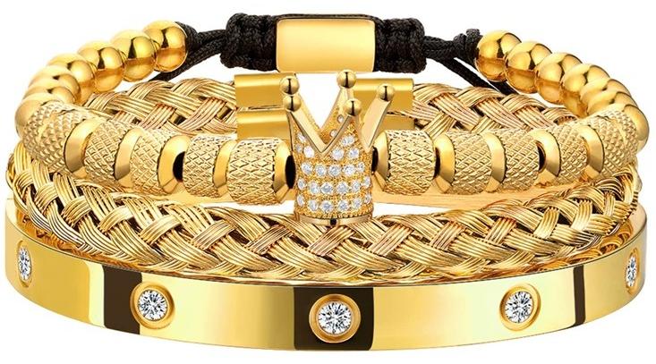 طقم أساور رجالي ذهبي فاخر من الفولاذ المقاوم للصدأ - 3 قطع مع تاج وزركون - هدايا مجوهرات ذهبي - Image 1