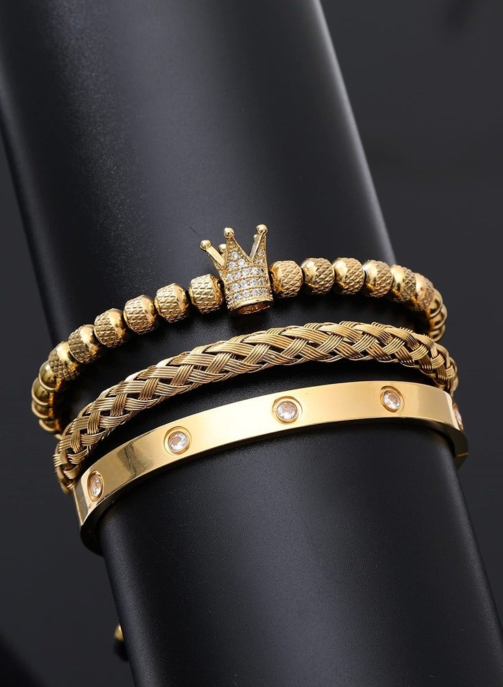 طقم أساور رجالي ذهبي فاخر من الفولاذ المقاوم للصدأ - 3 قطع مع تاج وزركون - هدايا مجوهرات ذهبي - Image 2