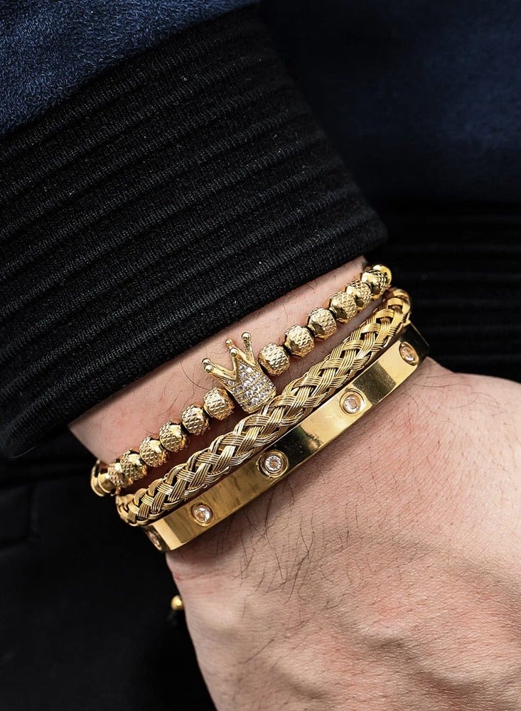 طقم أساور رجالي ذهبي فاخر من الفولاذ المقاوم للصدأ - 3 قطع مع تاج وزركون - هدايا مجوهرات ذهبي - Image 3