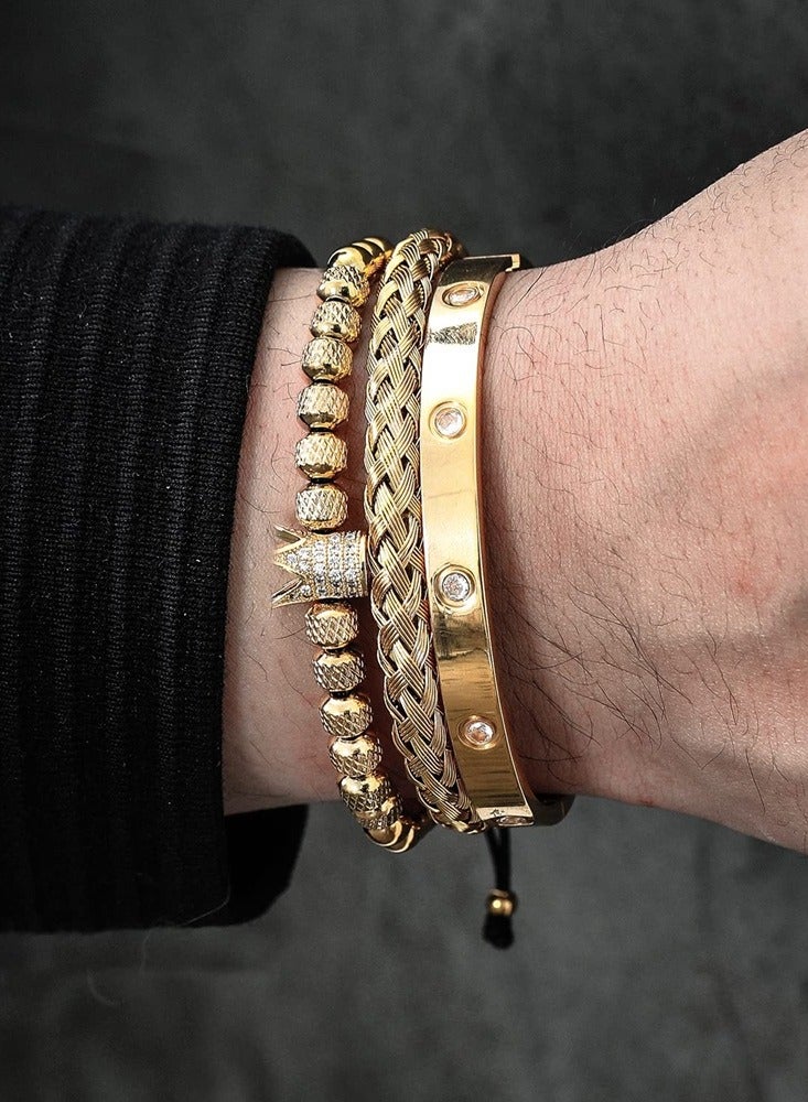 طقم أساور رجالي ذهبي فاخر من الفولاذ المقاوم للصدأ - 3 قطع مع تاج وزركون - هدايا مجوهرات ذهبي - Image 4