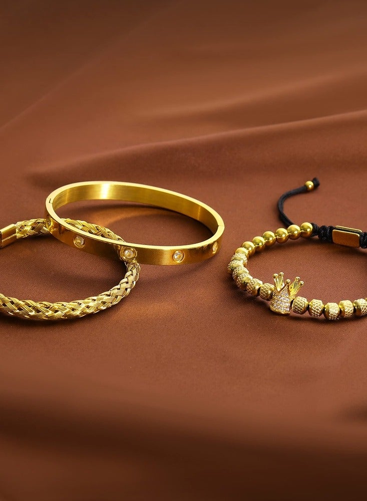 طقم أساور رجالي ذهبي فاخر من الفولاذ المقاوم للصدأ - 3 قطع مع تاج وزركون - هدايا مجوهرات ذهبي - Image 5